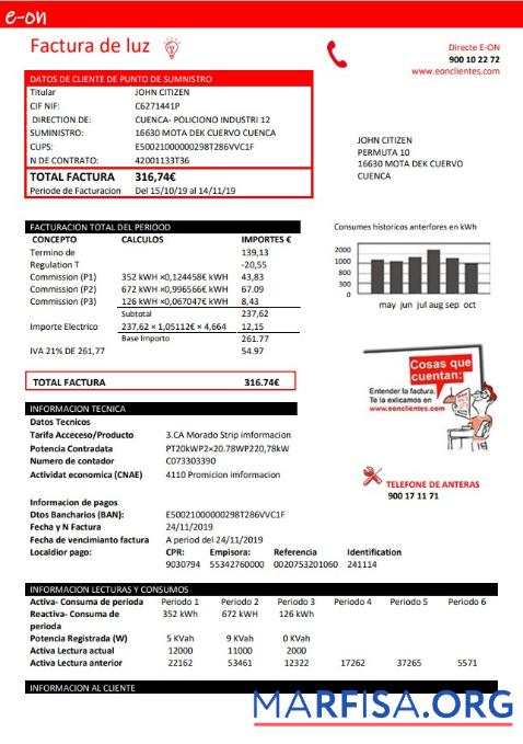 Realistic Spain E.ON electricity utility bill template in Word and PDF format